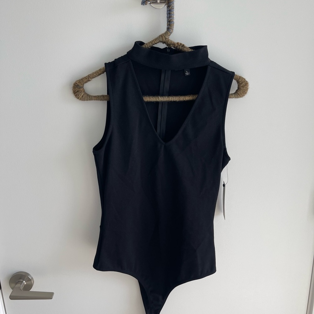 Lulu's Black Mock Neck V-Neck Bodysuit